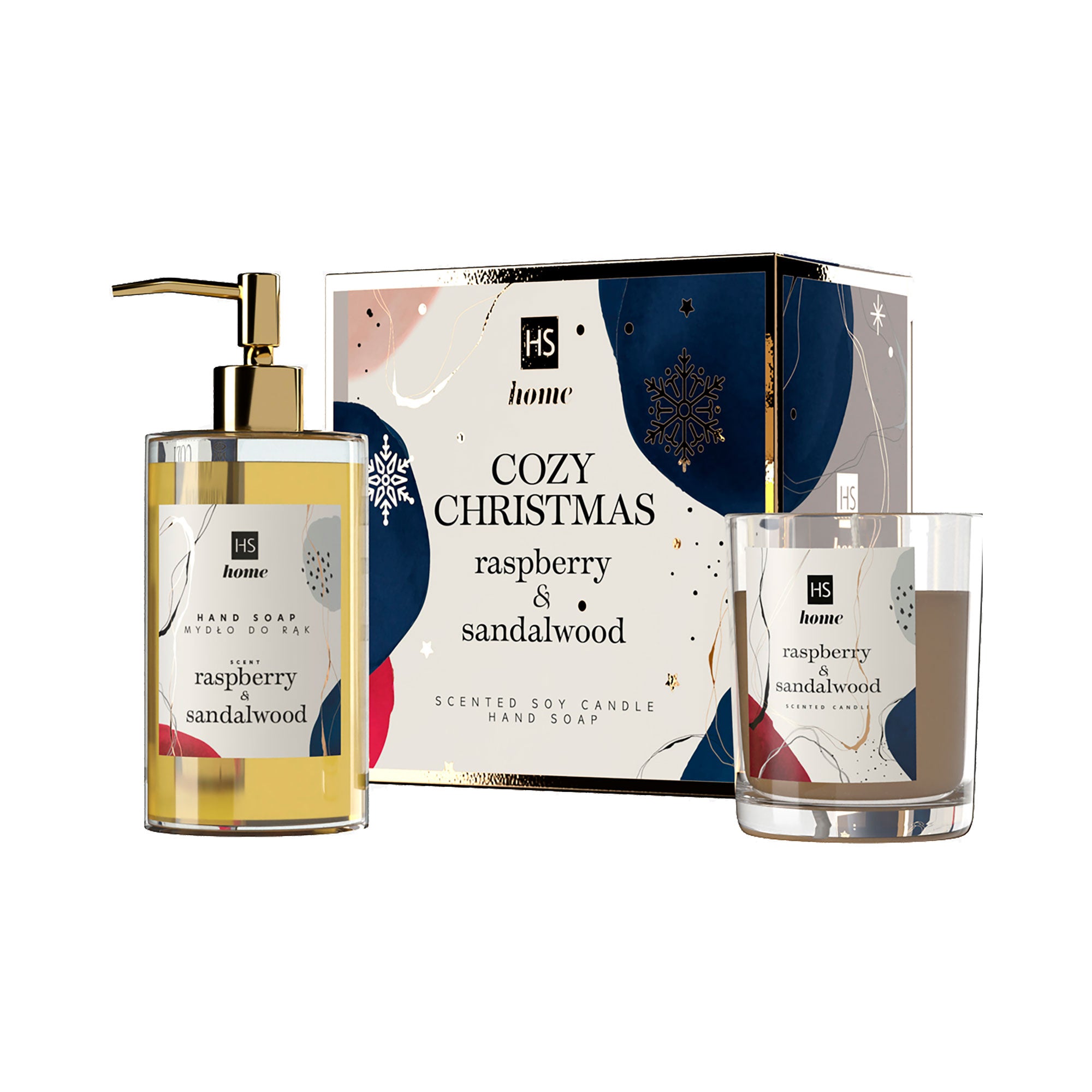 HISKIN HOME COZY CHRISTMAS Set aus Handseife 250ml + natürlicher Duftkerze Himbeere&Sandelholz