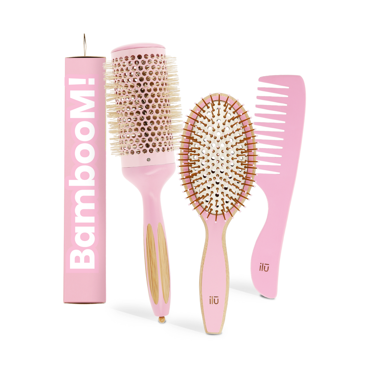 ilū BAMBOOM! PINK FLAMINGO Set – Entwirrungsbürste, Stylingbürste 52 mm und Kamm