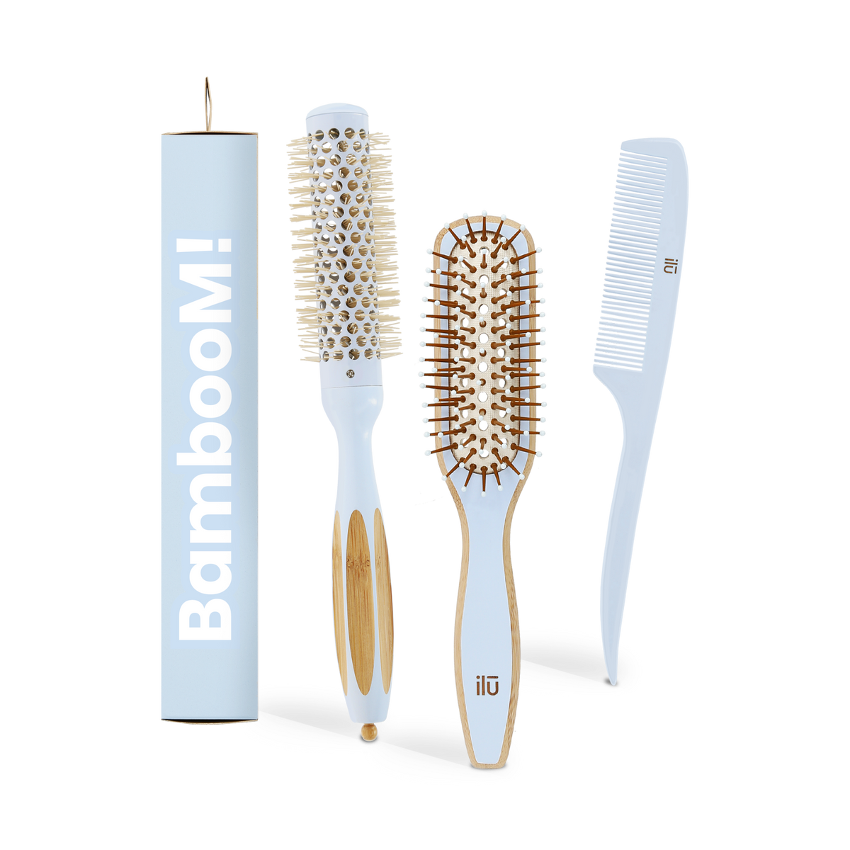 ilū BAMBOOM! TRUE BLUE Set – Entwirrungsbürste, Stylingbürste 25 mm und Kamm
