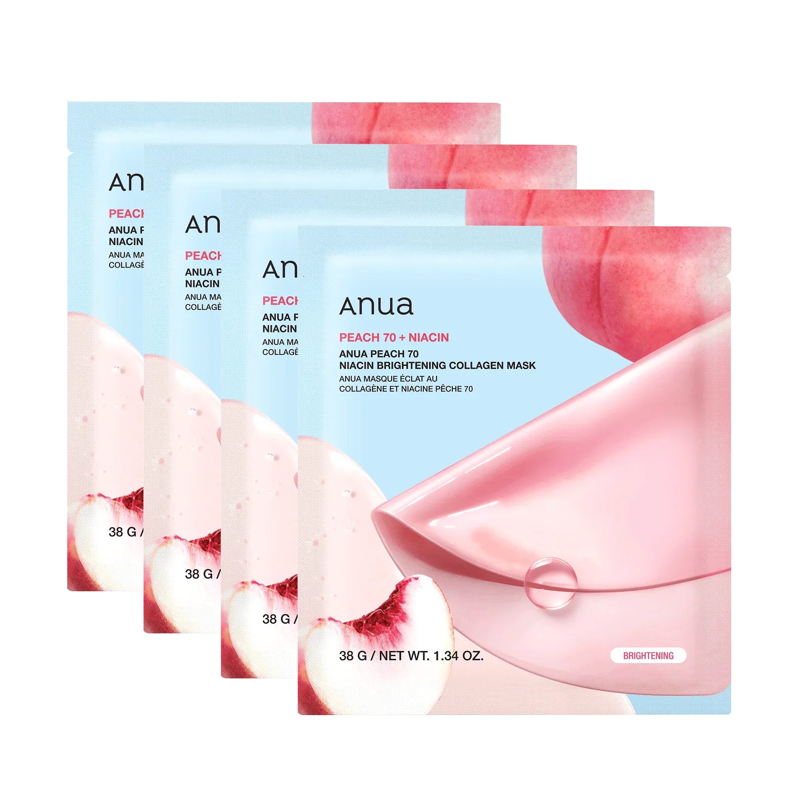 ANUA PEACH 70+ NIACIN BRIGHTENING COLLAGEN MASK Masques hydrogel éclaircissants au collagène et à la niacinamide 4 x 38 g