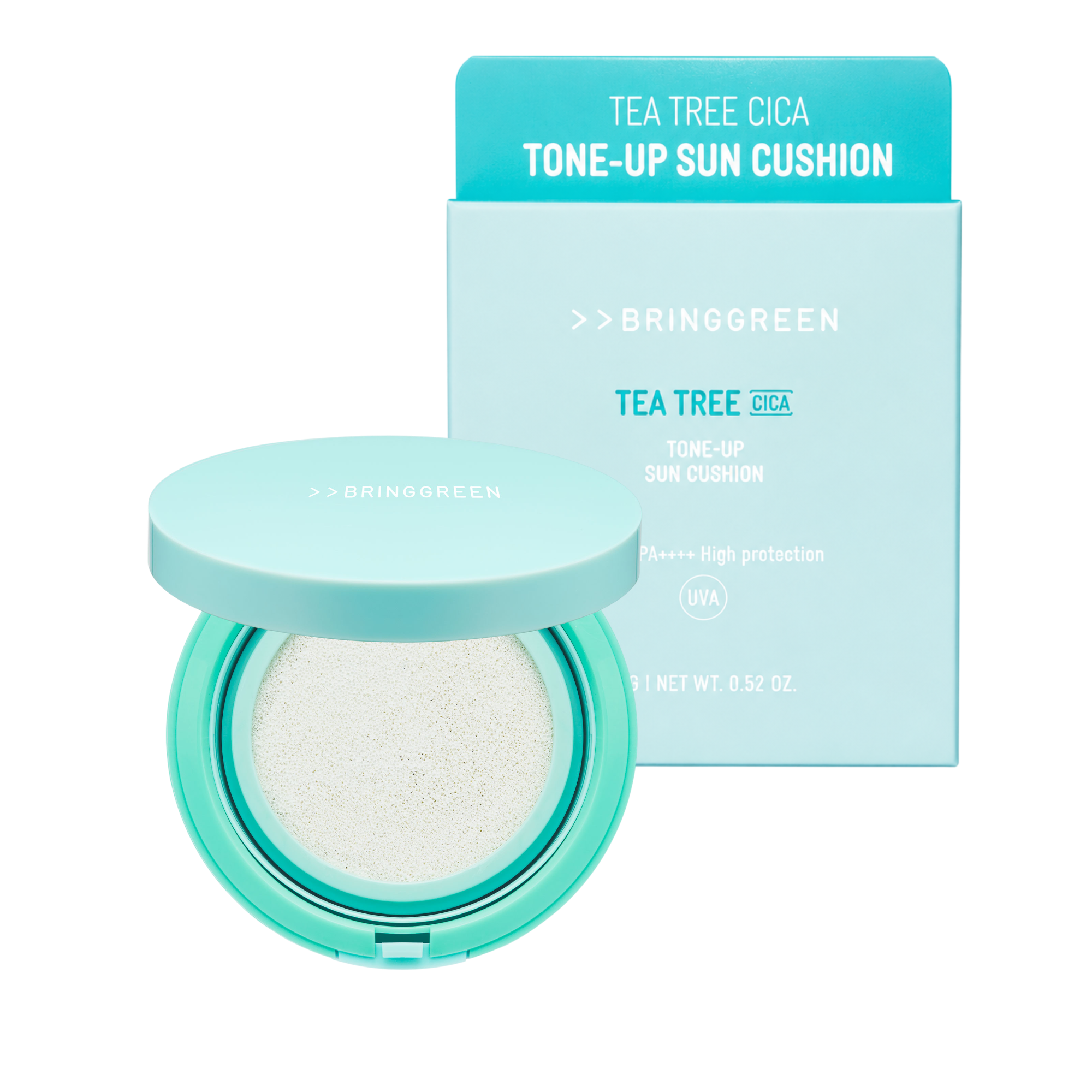 BRINGGREEN Tea Tree Cica Tone-up Sun Cushion SPF50+ PA++++ – Mineralisches Sonnenschutzkissen mit aufhellender Wirkung, 15 g