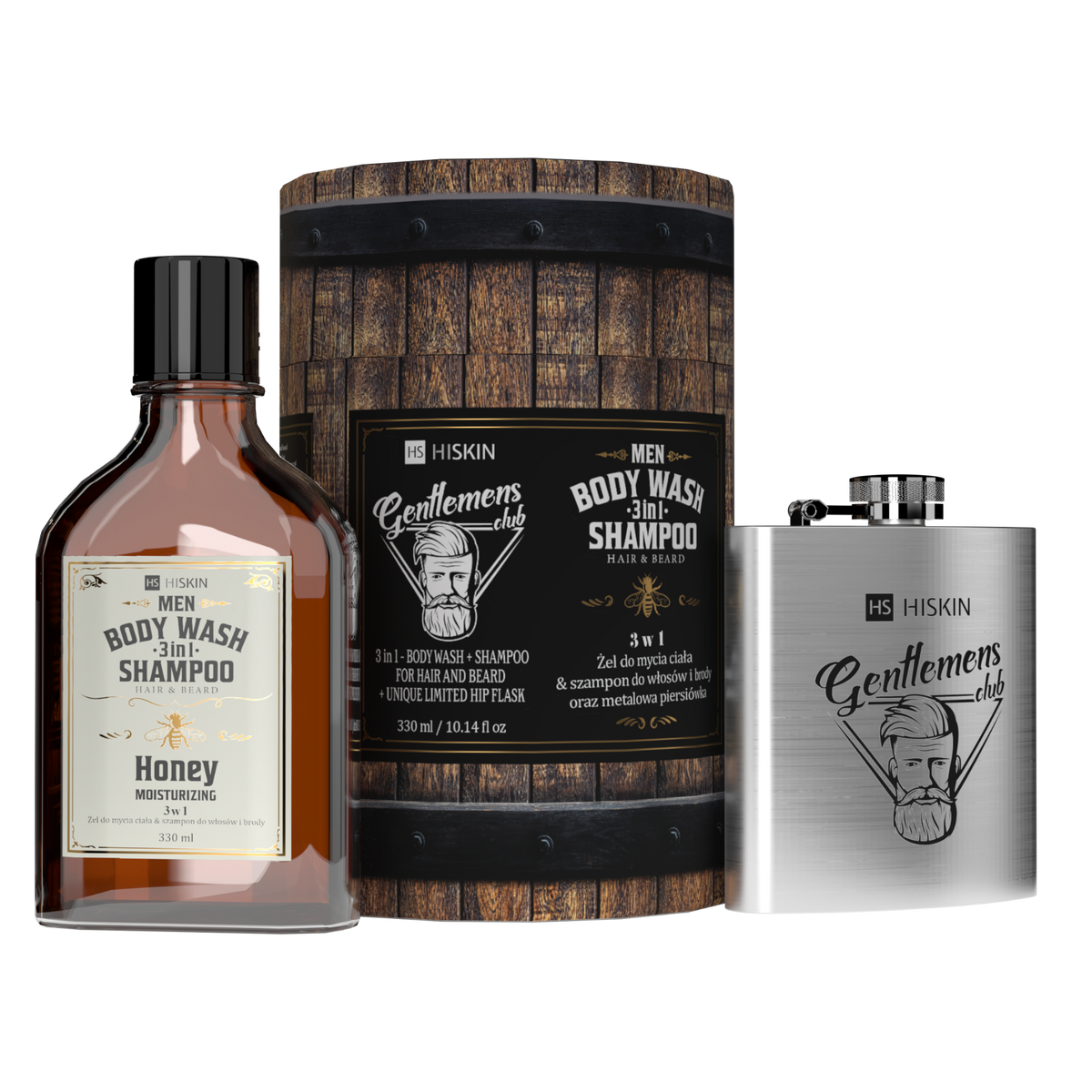 HISKIN MEN Herren-Set, Whiskey-Duschgel + Flachmann in fassförmiger Verpackung (Flask Barrel Set)