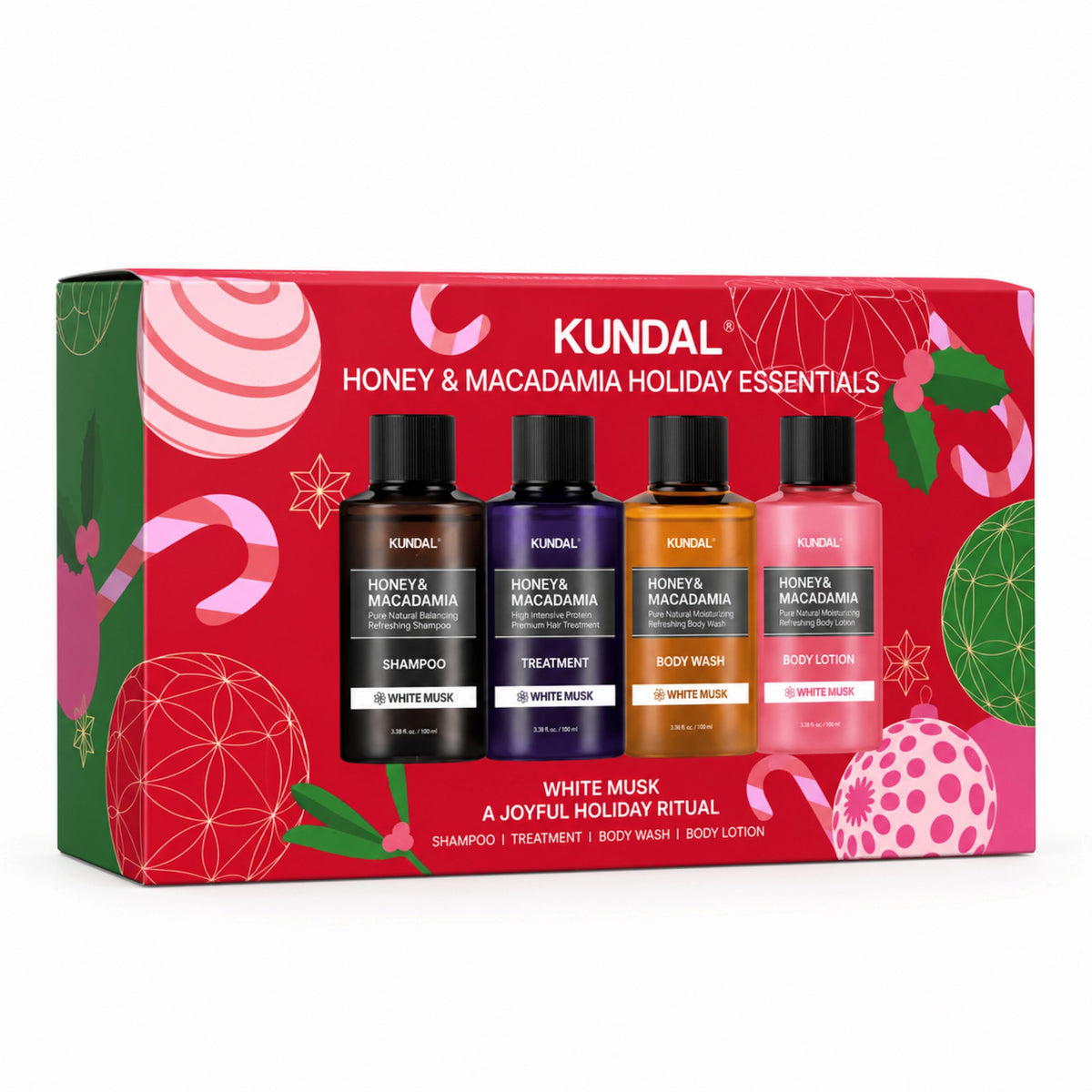 KUNDAL HONEY & MACADAMIA HOLIDAY ESSENTIALS Weihnachtsset mit Minikosmetik für Haar und Körper 4 x 100 ml
