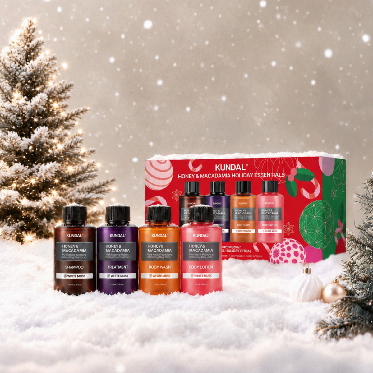 KUNDAL HONEY & MACADAMIA HOLIDAY ESSENTIALS Weihnachtsset mit Minikosmetik für Haar und Körper 4 x 100 ml #2