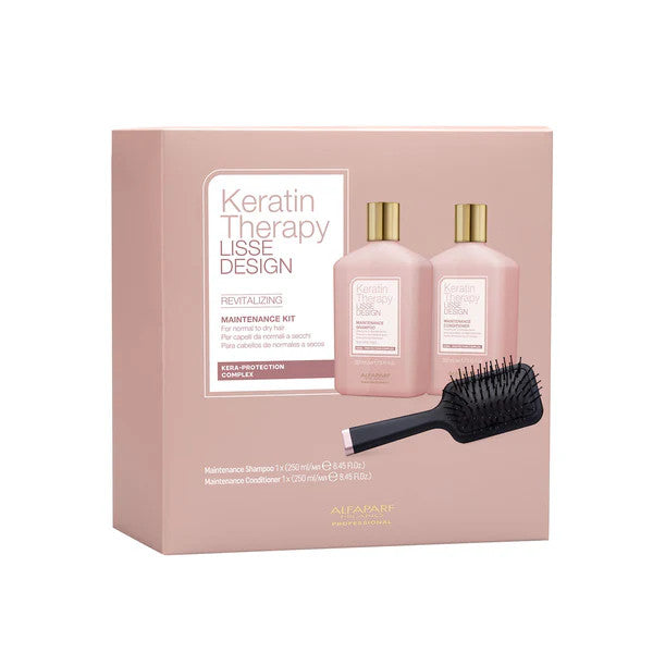 Soin capillaire ALFAPARF KERATIN THERAPY LISSE DESIGNE, coffret 2 x 250 ml + brosse à cheveux