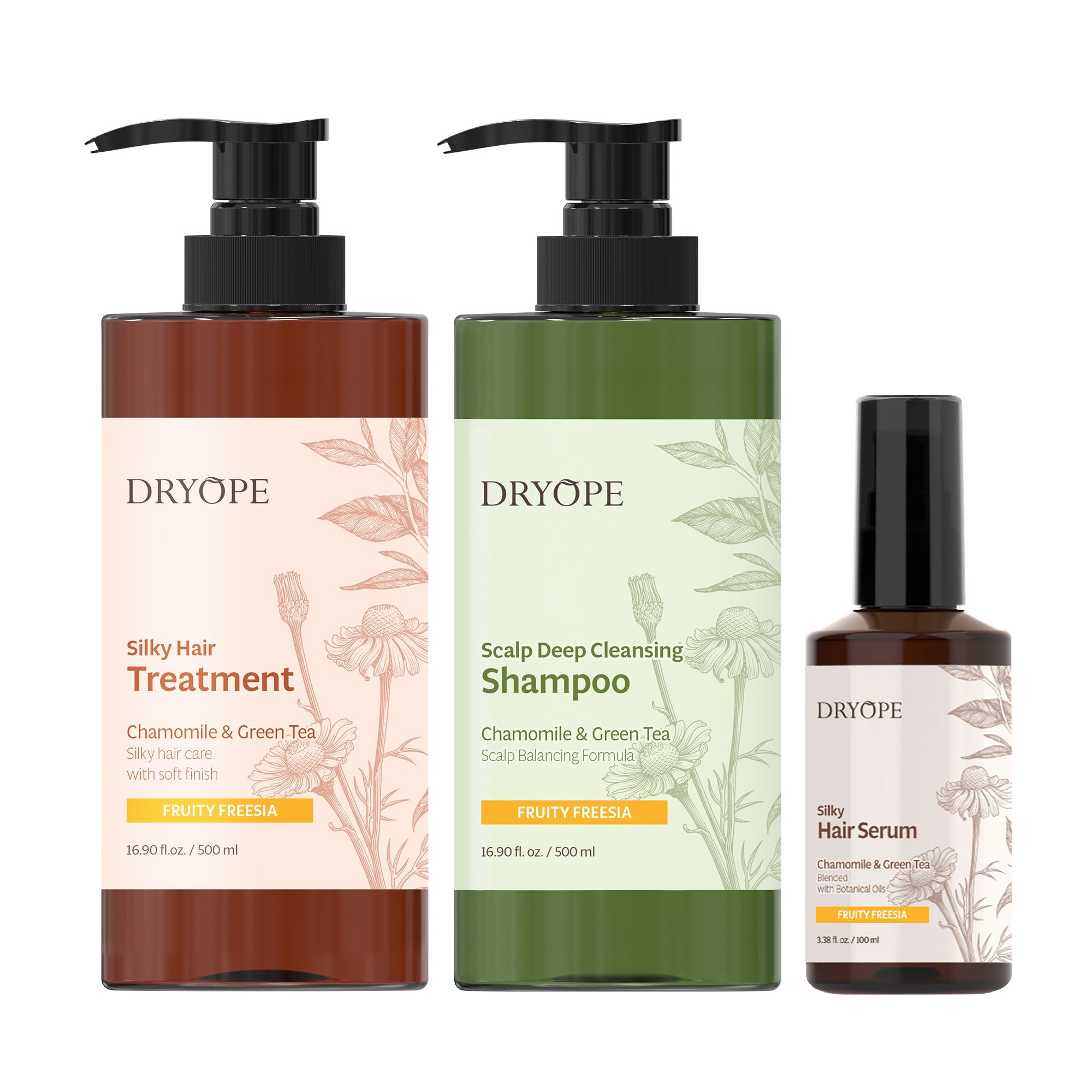 Coffret DRYOPE FRUITY FREESIA, Masque capillaire 500 ml + Shampoing Vegan 500 ml + Sérum Vegan 100 ml