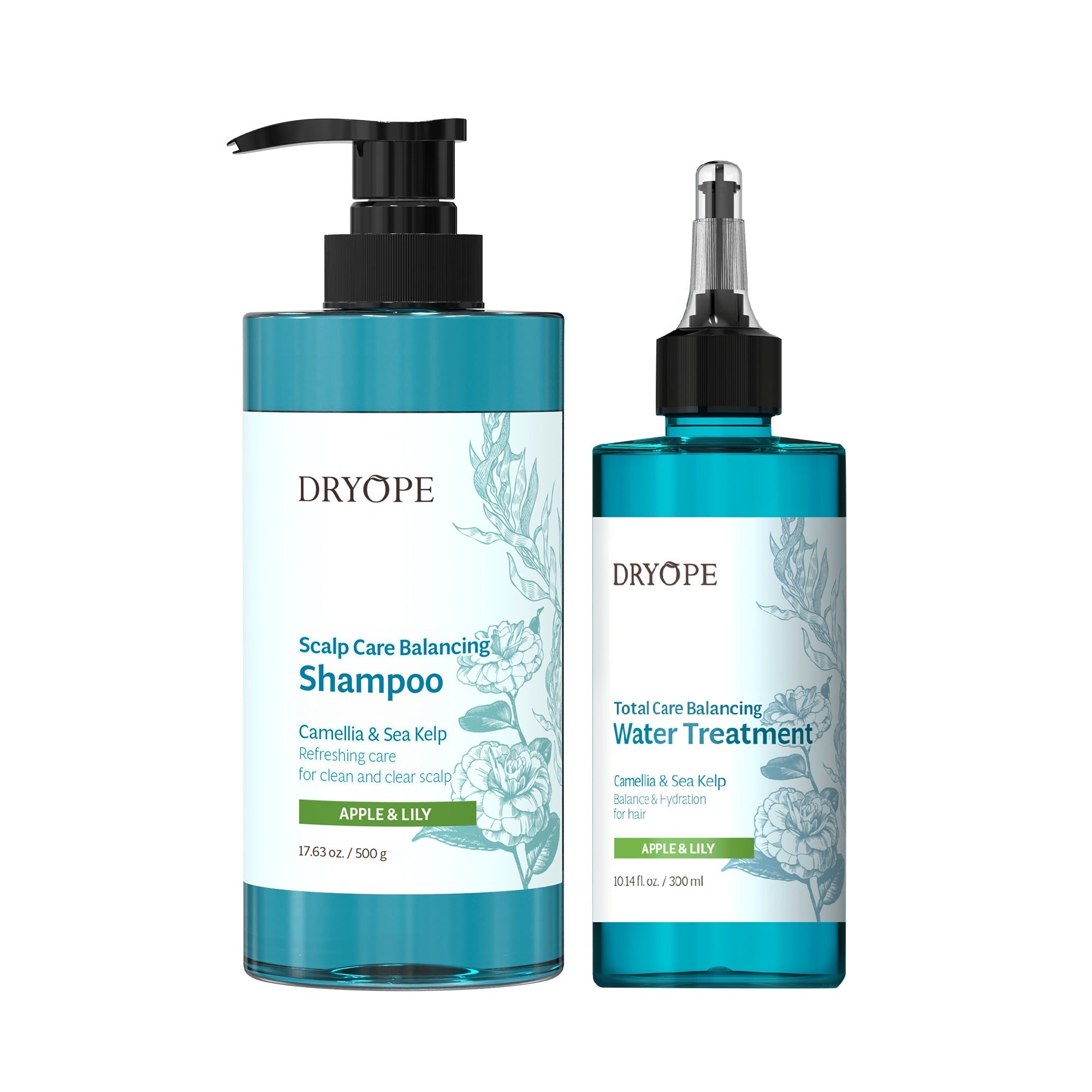 Coffret DRYOPE POMME & LILY, Shampoing Vegan 500 ml + Traitement à l'eau équilibrante 300 ml