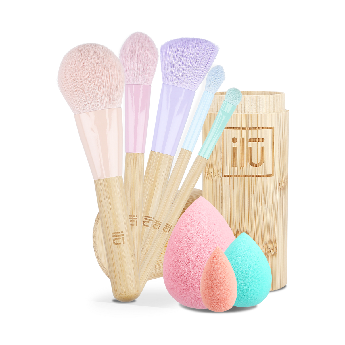 ilū BAMBOOM! Set – 5 Make-up-Pinsel in einer Bambusröhre + 3 Make-up-Schwämme