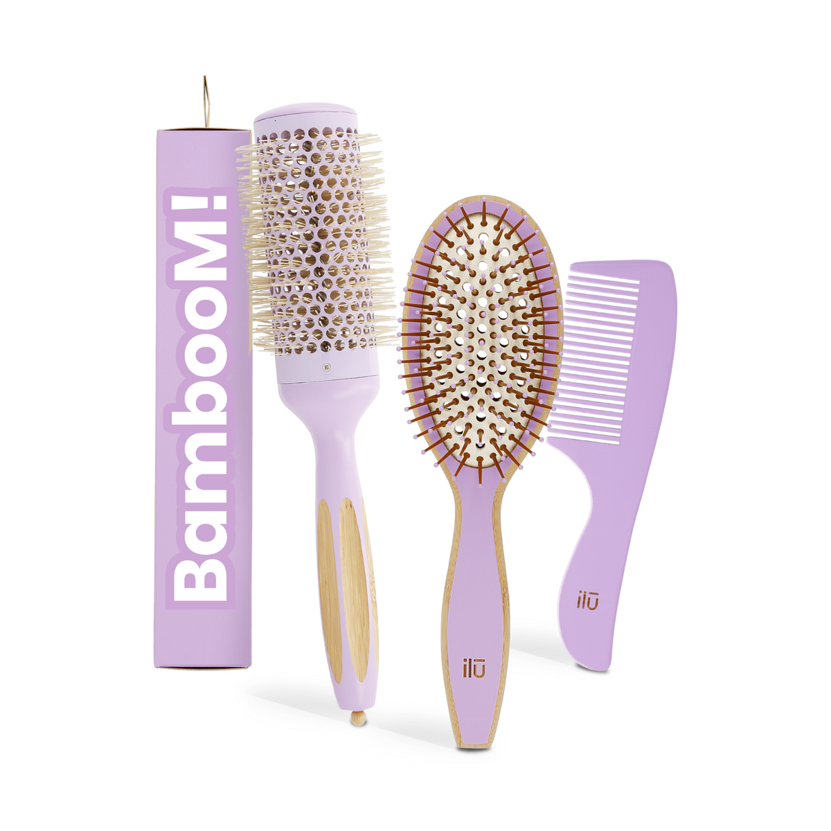 ilū BAMBOOM! WILD LAVENDER Set – Entwirrungsbürste, Stylingbürste 43 mm und Kamm