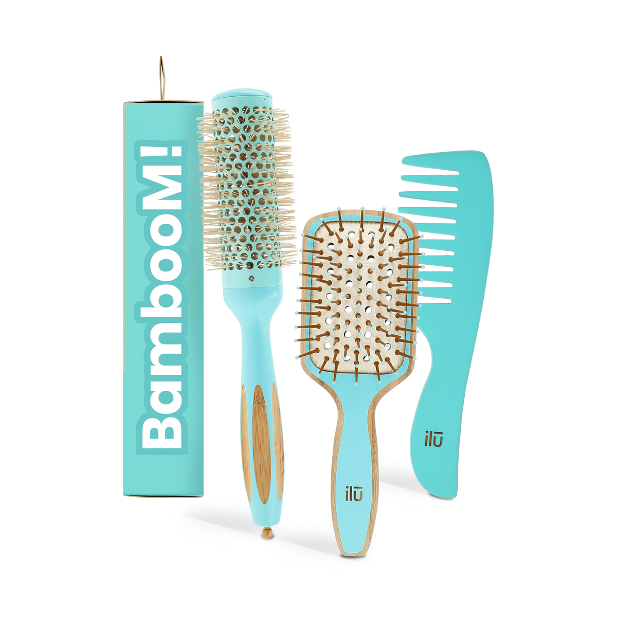 ilū BAMBOOM! OCEAN BREEZE Set – Entwirrungsbürste, Stylingbürste 35 mm und Kamm