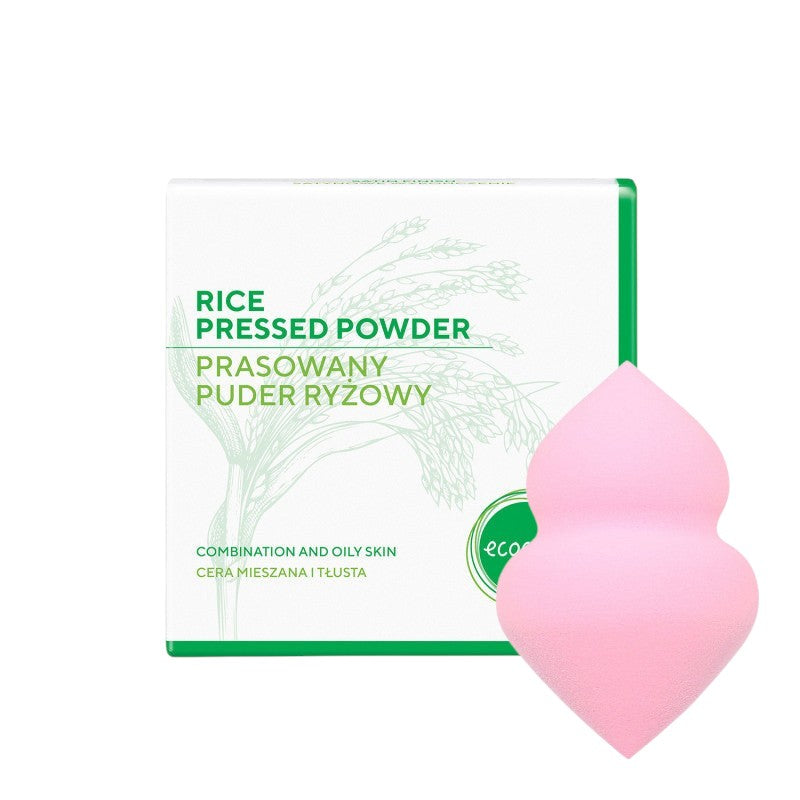 ECOCERA Prasowany puder ryżowy dla cery tłustej i mieszanej 10 g + MIMO Gąbka do makijażu z dwoma końcówkami, Jasnoróżowa
