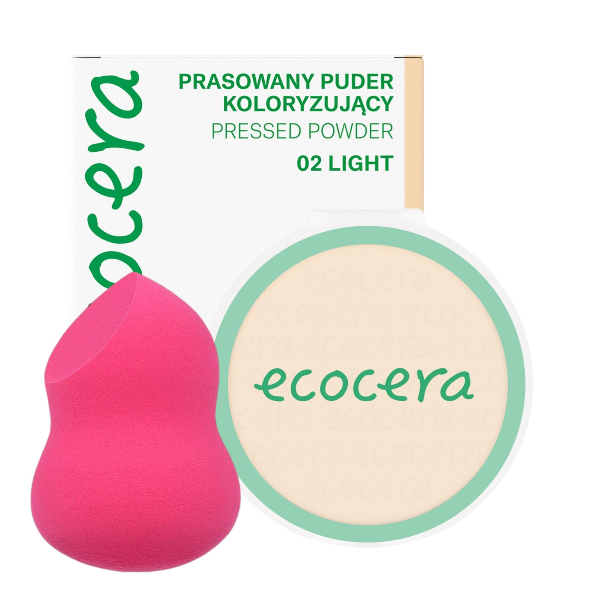 ECOCERA PRESSED POWDER Gepresster Gesichtspuder, Light 10 g + MIMO Make-up-Schwamm, Birnenschliff, Rosa