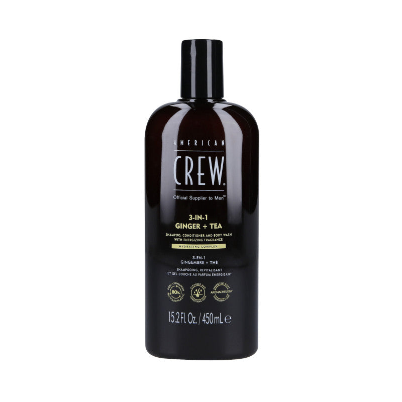 AMERICAN CREW 3-IN-1 GINGER&TEA Shampoo, Spülung und Duschgel, Drei in einem mit dem Duft von Ingwer und Tee, 450 ml