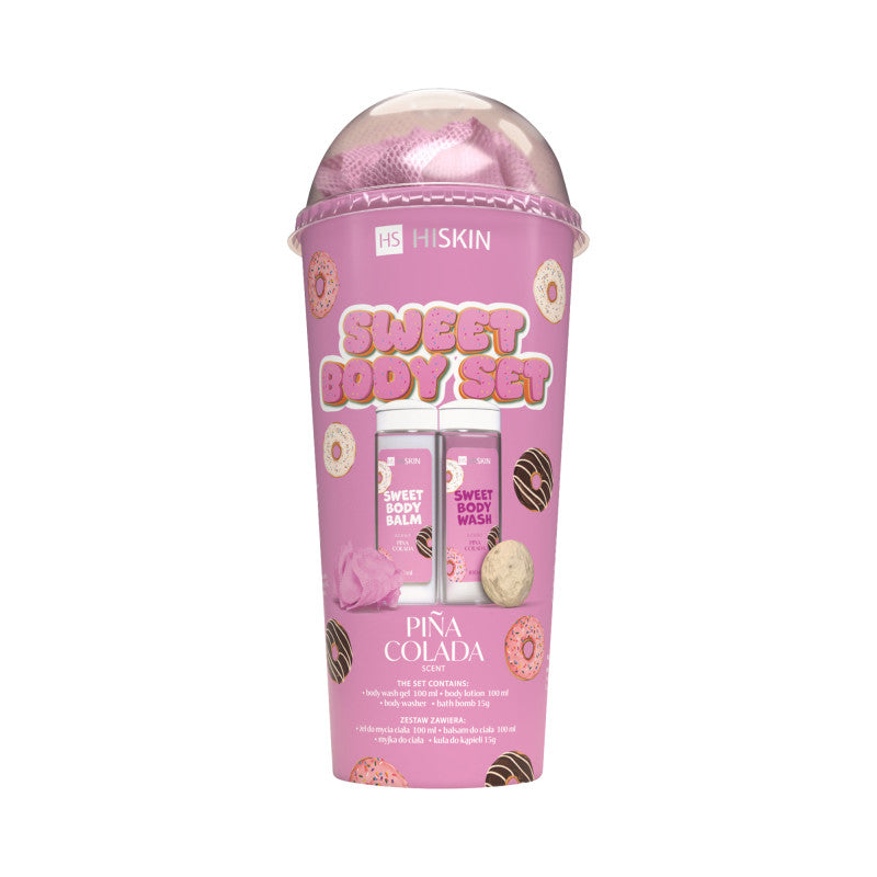 HISKIN BODY SWEET SET Badeset in der Tube Duschgel 100ml + Bodylotion 100ml + Waschlappen + Ball 15g