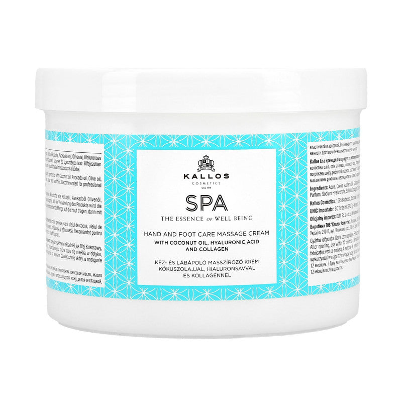 KALLOS SPA Massagecreme für Hände und Füße mit Kokosöl 500ml