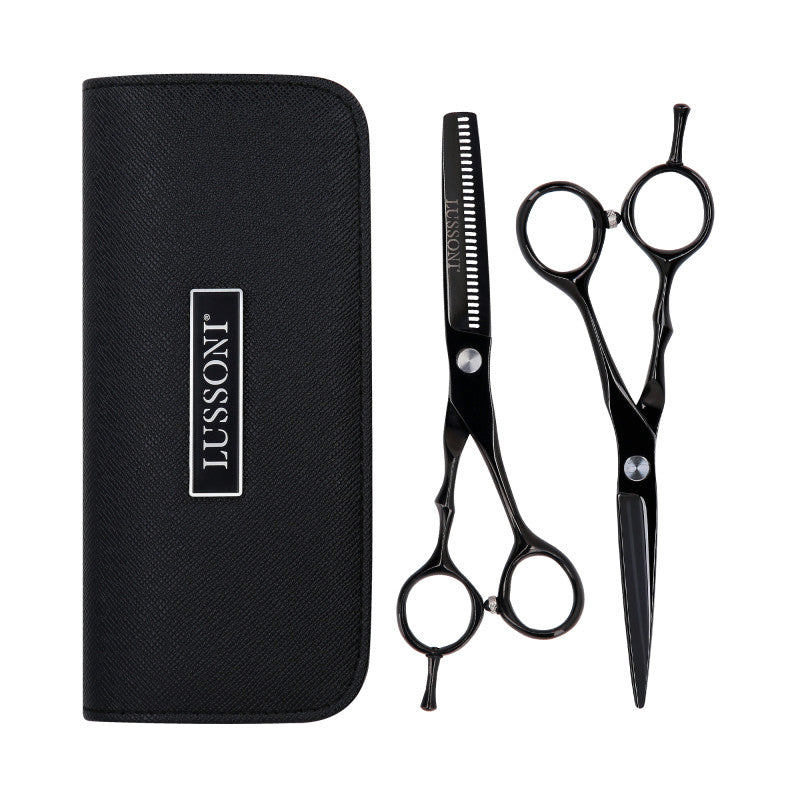 LUSSONI ECLIPSE SERIE Professionelle Friseurschere (schwarz): Effilierschere 6″, Schneideschere 6,5″ + Etui