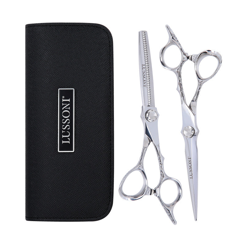 LUSSONI STELLAR SERIE Professionelle Friseurschere (Silber): Effilierschere 6″, Schneideschere 6″ + Etui
