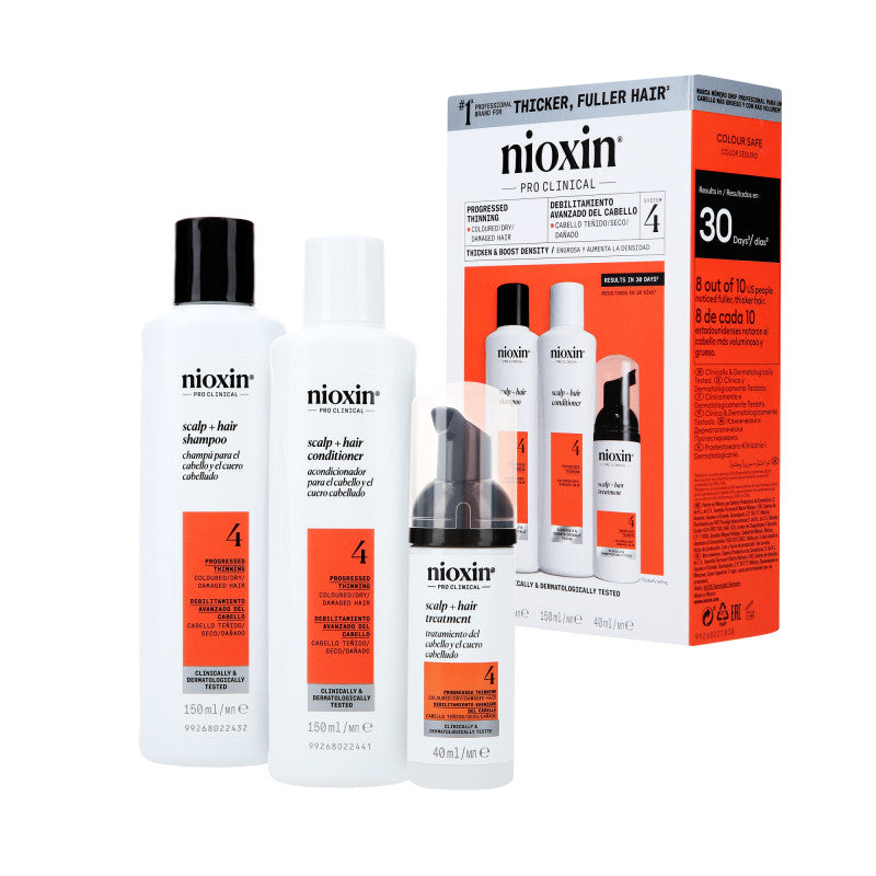 NIOXIN PRO CLINICAL 4 Trzystopniowy zestaw do włosów farbowanych z postępującym przerzedzeniem 2 x 150 ml + 40 ml