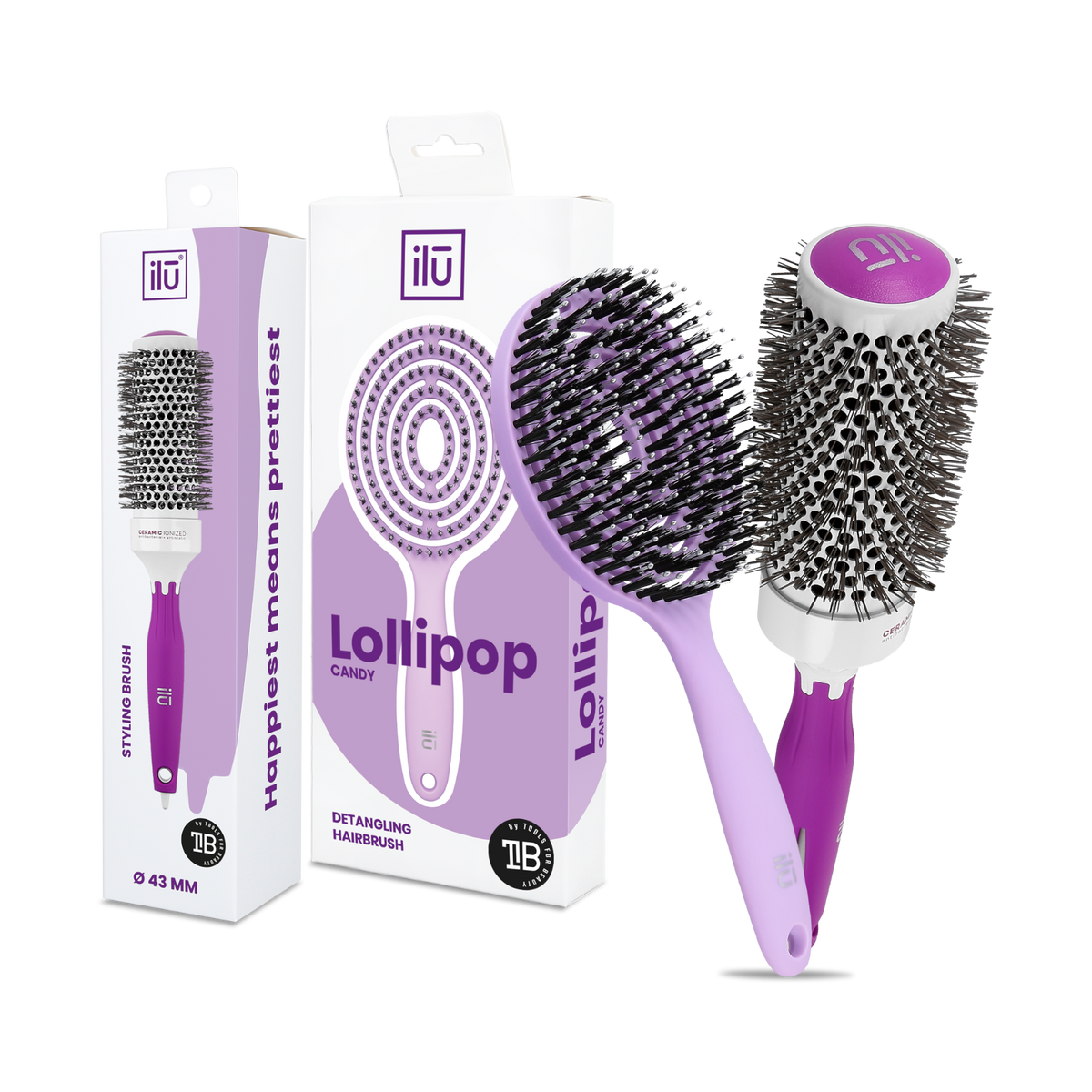 ilū PURPLE SET Ein Bürstenset zum Entwirren, Volumen und Stylen der Haare